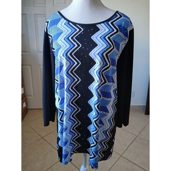 Alfred Dunner Size Medium Sequin Black Blue Chevron 3/4 sleeves Round Neck - Picture 1 of 14